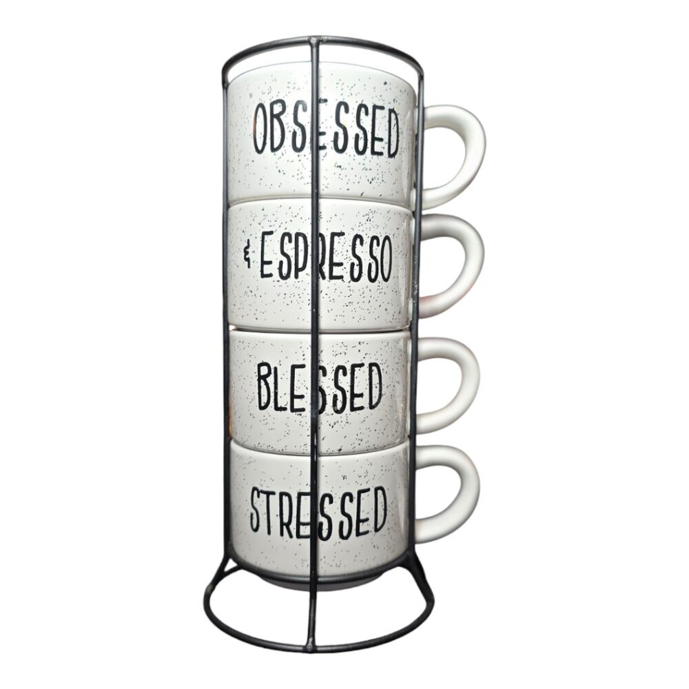 NWOT Set of 4 Coffee Tea Mugs Cups in Holding Rack NWOT